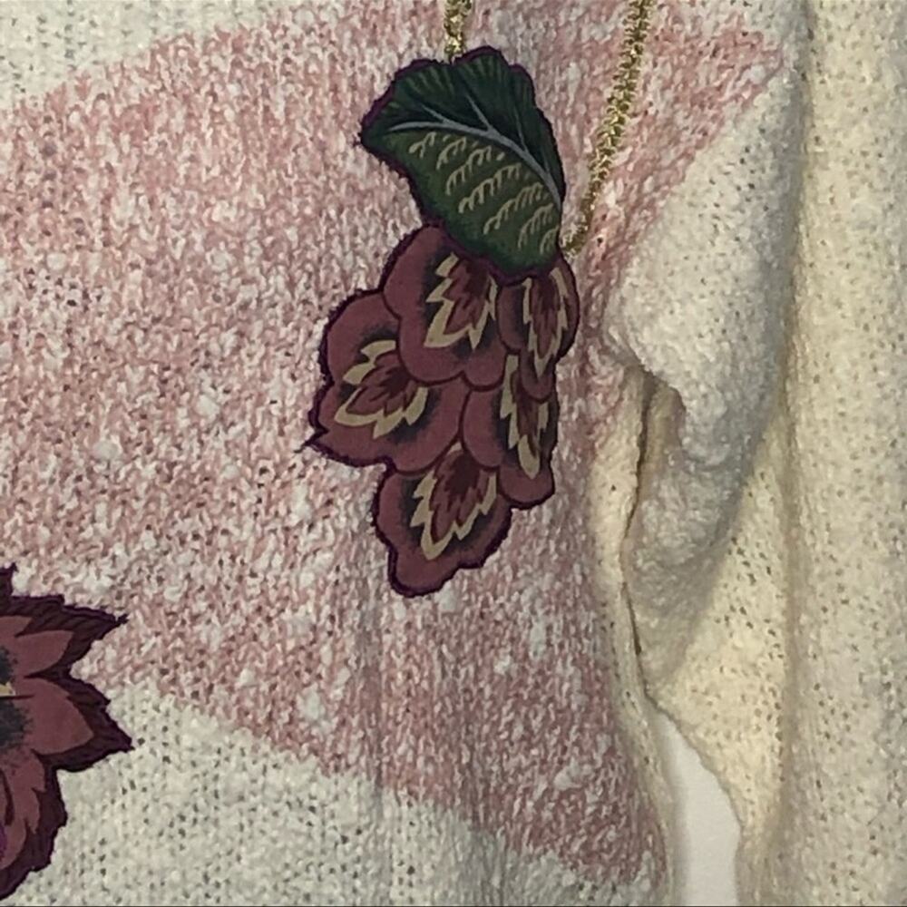 Vintage 90s Floral Embroidered Sweater L Cream Pearl Applique Cottagecore Retro - Picture 10 of 14